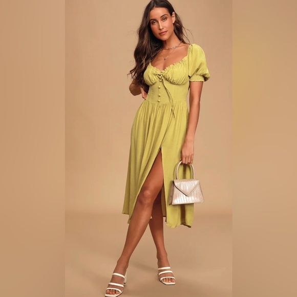 Lulu's Chartreuse Puff Sleeve High Low Dress - Picture 1 of 7